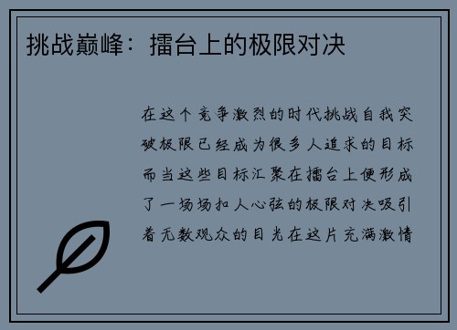 挑战巅峰：擂台上的极限对决
